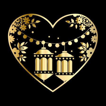 Golden heart with lanterns and flowers on black background. Vector illustration.のイラスト素材