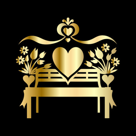 Luxury golden bench with heart and flowers. Vector illustration.のイラスト素材