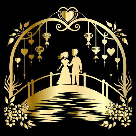 Wedding invitation card design with gold silhouette of bride and groomのイラスト素材