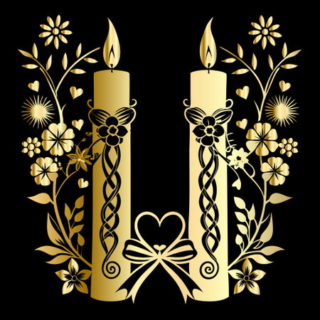 golden letter U with floral ornament and candle on black background, vector illustrationのイラスト素材
