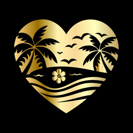 Golden heart with palm trees and flowers on black background. Vector illustration.のイラスト素材