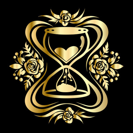Illustration of gold hourglass with heart and flowers on black backgroundのイラスト素材