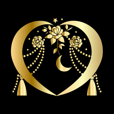 Golden heart with rose and pearls on black background. Vector illustration.のイラスト素材