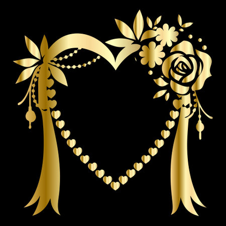 Golden heart with flowers and pearls on black background. Vector illustration.のイラスト素材