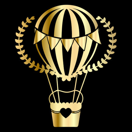 Hot air balloon with laurel wreath on black background. Vector illustration.のイラスト素材