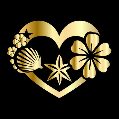 Gold heart with flowers and shells on black background. Vector illustration.のイラスト素材