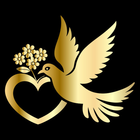 golden dove with flower and heart on black background, vector illustrationのイラスト素材