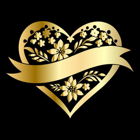 Gold heart with a ribbon and flowers on a black background. Vector illustration.のイラスト素材