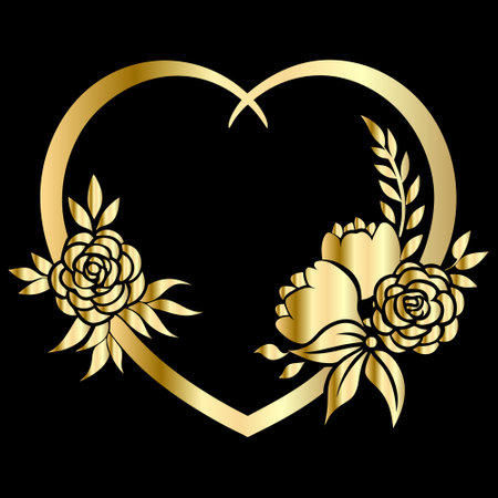 Gold heart frame with flowers on a black background. Vector illustration.のイラスト素材