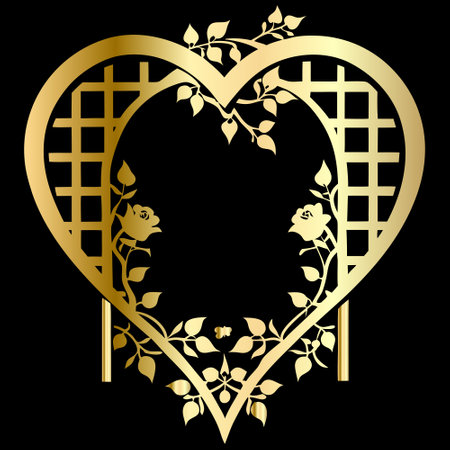 Gold heart frame with roses on a black background. Vector illustration.のイラスト素材