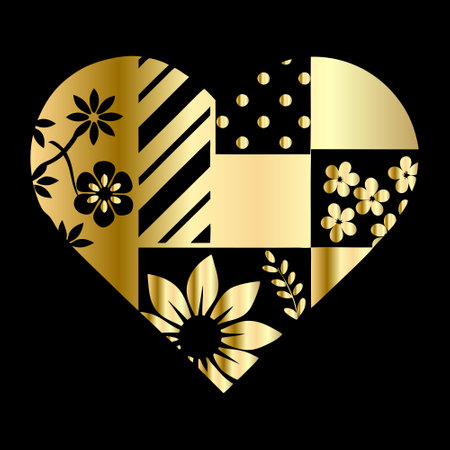 Gold heart with floral pattern on black background. Vector Illustration.のイラスト素材