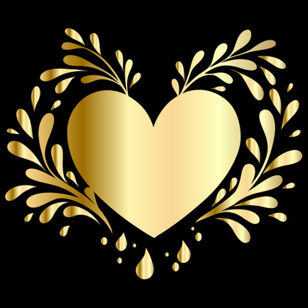 Golden heart with floral ornament on a black background. Vector illustration.のイラスト素材