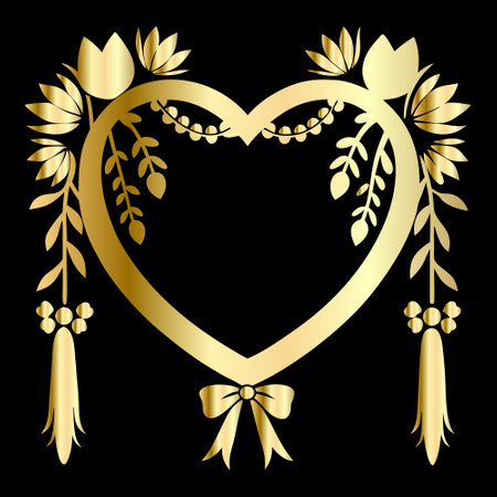 Gold heart with flowers and ribbons isolated on black background. Vector illustration.のイラスト素材