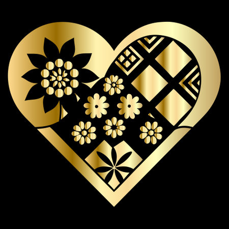 golden heart with floral pattern on black background. vector illustration.のイラスト素材