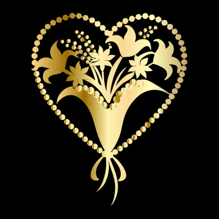 Gold heart with flowers and pearls on black background. Vector illustration.のイラスト素材