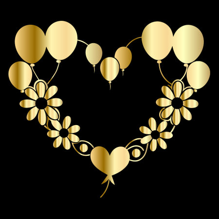 Golden heart with balloons and flowers on black background. Vector illustration.のイラスト素材