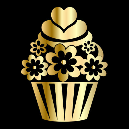Cupcake with flowers and heart on black background. Vector illustration.のイラスト素材