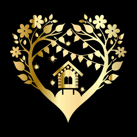 Golden heart with birdhouse, flowers and butterflies. Vector illustration.のイラスト素材