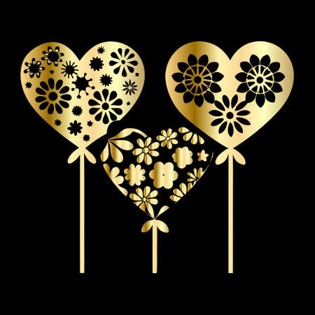 Valentines day background with gold hearts and flowers. Vector illustration.のイラスト素材