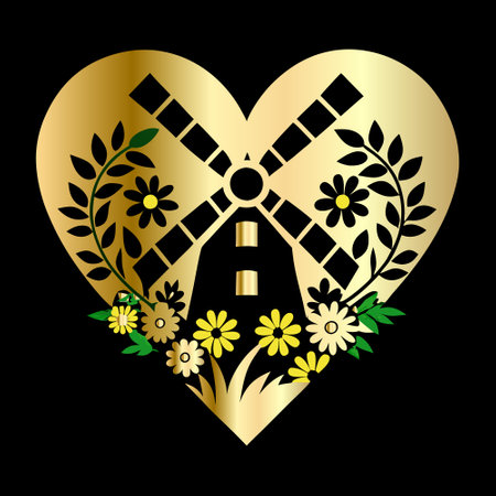 Golden heart with windmill and flowers on black background. Vector illustration.のイラスト素材