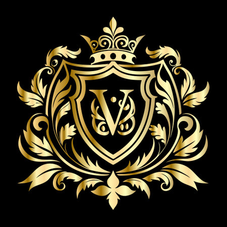 Luxury golden heraldic shield with letter V. Vector illustration.のイラスト素材