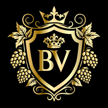 Golden royal shield with crown, grapes and letter B. Vector illustrationのイラスト素材