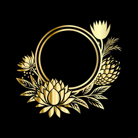 Gold floral frame with lotus flowers and leaves on black background.のイラスト素材