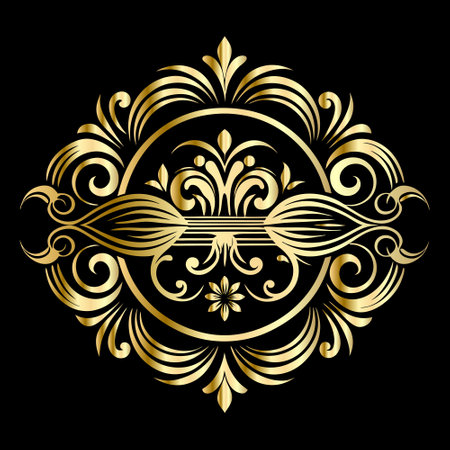 Ornament in the style of baroque. Gold floral pattern on a black background.のイラスト素材