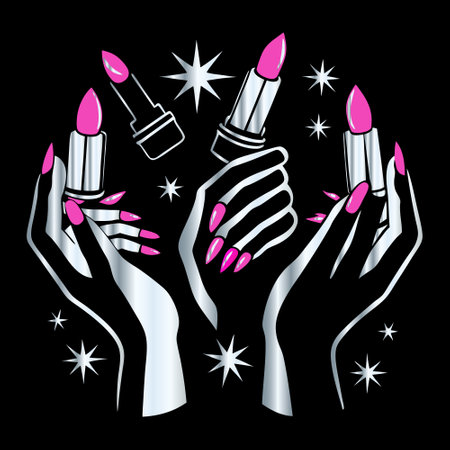 Vector illustration of female hands with nail polish, lipstick and stars.のイラスト素材