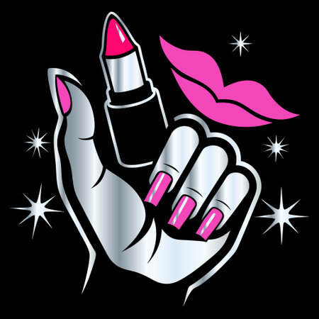 Lipstick in female hand on black background. Vector illustration.のイラスト素材