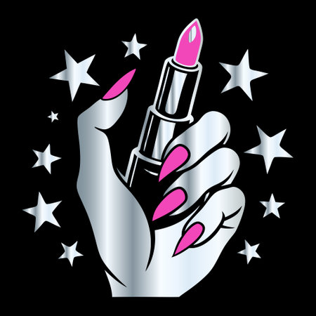 Lipstick in female hand. Vector illustration on black background.のイラスト素材