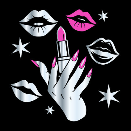 Vector illustration of a female hand with pink manicure holding a lipstickのイラスト素材