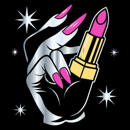 Female hand with pink lipstick and star on black background. Vector illustration.のイラスト素材