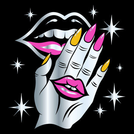 Illustration of female hands with pink nail polish. Vector illustration.のイラスト素材