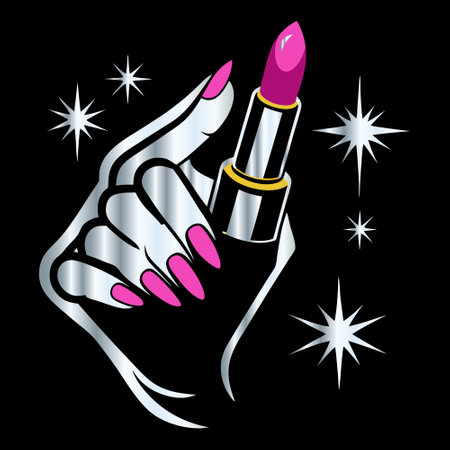 Illustration of a female hand with pink lipstick and stars on a black backgroundのイラスト素材