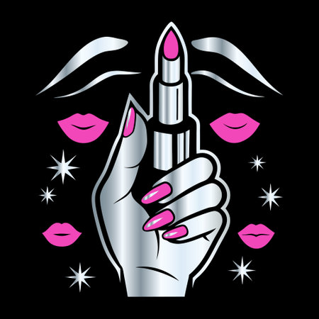 Female hand with pink manicure holding lipstick. Vector illustration on black background.のイラスト素材