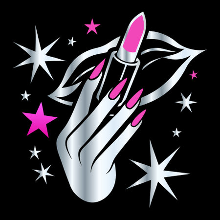 Female hand with pink nail polish on black background. Vector illustration.のイラスト素材
