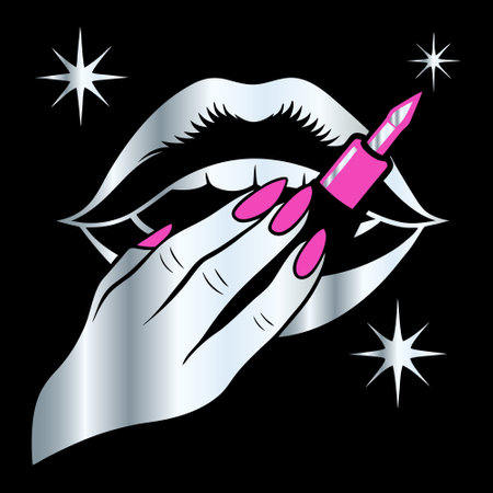 Vector illustration of beautiful female lips with pink nail polish and stars.のイラスト素材