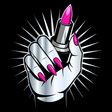 Vector illustration of a female hand holding a pink lipstick on a black backgroundのイラスト素材