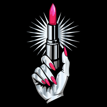 Lipstick in hand on a black background. Vector illustration.のイラスト素材