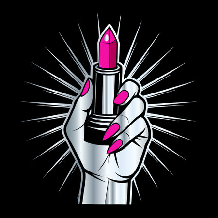 Illustration of a female hand holding a pink lipstick on a black backgroundのイラスト素材