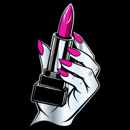 Illustration of female hand with pink nail polish and lipstick isolated on black backgroundのイラスト素材