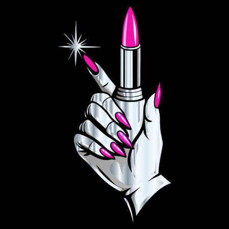 Female hand with pink nail polish and magic wand. Vector illustration.のイラスト素材