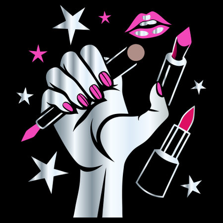 Vector illustration of a female hand with cosmetics on a black background.のイラスト素材