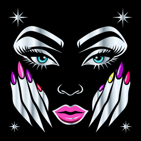 Vector illustration of beautiful woman face with pink nail polish and stars.のイラスト素材