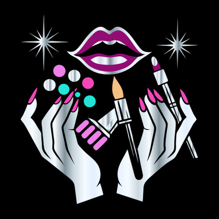 Vector illustration of a woman's hands with makeup and cosmetics on a black background.のイラスト素材