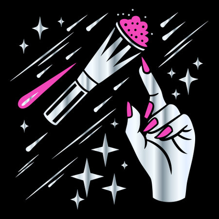 Vector illustration of hand with nail polish and magic wand on black background.のイラスト素材