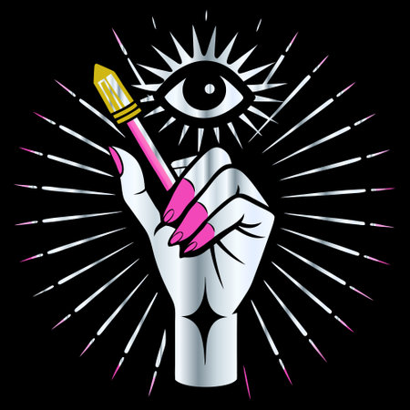 Female hand with pink manicure holds a magic wand and an eye.のイラスト素材