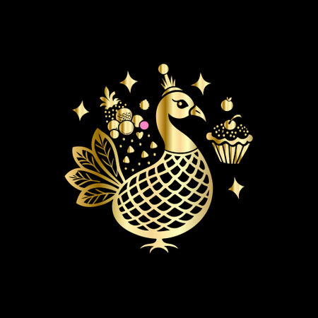 Golden peacock with flowers and sweets on a black background. Vector illustration.のイラスト素材