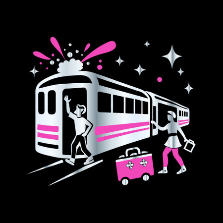 Vector illustration of a train with a girl and luggage on a black background.のイラスト素材